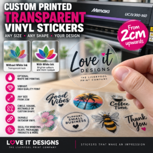 Custom Transparent Vinyl Stickers with Optional White Ink – Any Size & Shape
